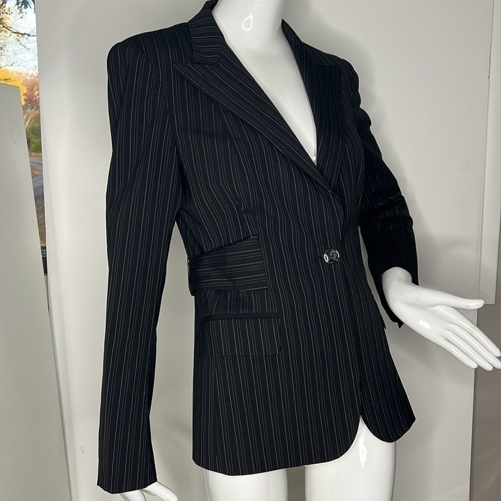 MaxMara Sz 44/10 Virgin Wool Single Button Black Purple Pinstripe Fitted Blazer